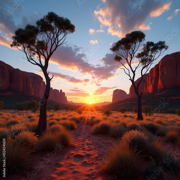 Obraz Sunset over a desert landscape with two trees and red rocks