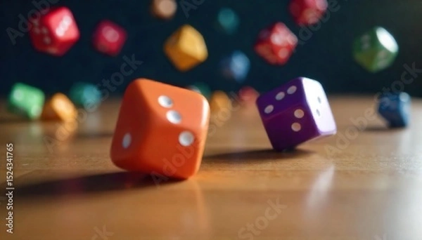 Obraz Close-up of several colorful dice rolling across a wooden table, capturing the motion blur and randomness of the game , background, probability