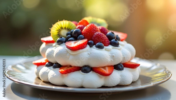 Obraz Delicious two layered pavlova with fresh berries and kiwi