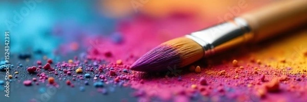 Obraz Close-up view of a paintbrush resting on a painter's palette, ready for the next stroke of vibrant color The bristles are soft and the paint is richly textured , paint, bristles, color palette