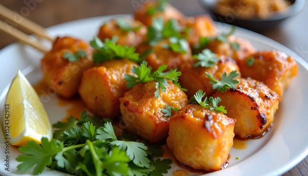 Obraz Delicious glazed tofu skewers with parsley and lemon garnish