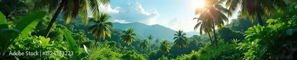 Obraz Lush tropical plantation scene with vibrant green foliage, mature trees, and abundant vegetation under a bright sunny sky Ideal for travel, tourism, or environmental themes , background, tropical