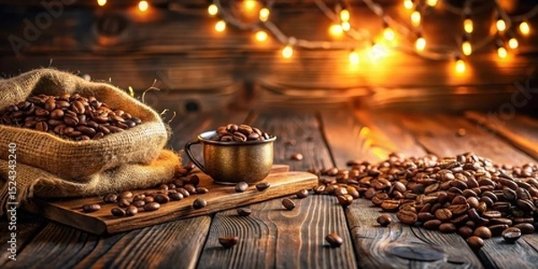 Fototapeta Wooden table with scattered coffee beans in a rustic setting, surrounded by warm lighting and cozy textures , cozy, beans