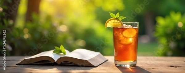 Obraz A sunlit patio scene featuring a glass of iced tea, a book, and lush greenery, embodying a relaxed and sophisticated sipping lifestyle , beverage, leaves