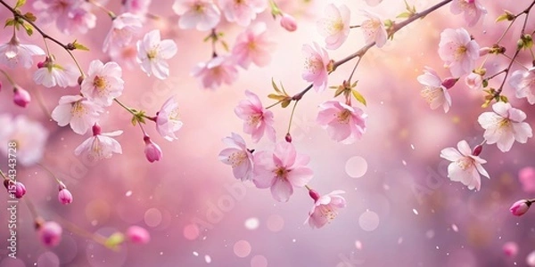 Fototapeta Soft pink cherry blossoms gently falling in a dreamy atmosphere with delicate petals floating downwards under the soft light of dawn, serene, blurred edges
