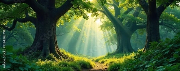 Obraz Ancient, towering trees form a protective canopy over a lush forest floor, sunlight dappling through leaves A sense of serene, primeval strength emanates from the scene , environment, growth