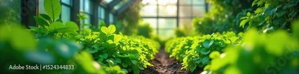 Obraz Lush green plants thrive in a vibrant greenhouse environment, bathed in sunlight streaming through glass panels Perfect for gardening, botany, and nature themes , flora, vibrant colors
