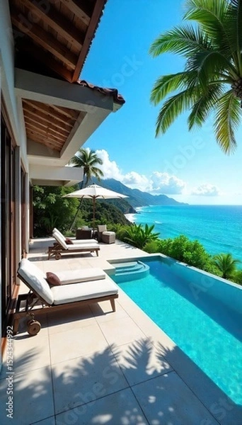 Obraz Luxury villa with private pool, stunning ocean views, spacious patio, and lush tropical gardens Perfect for a relaxing getaway , design, exterior