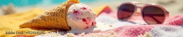 Obraz A melting ice cream cone drips onto a sunny beach towel, next to a pair of sunglasses A hilariously sticky summer mishap!, melting ice cream, funny summer