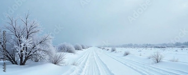 Obraz A desolate, icy landscape stretches under a grey, overcast sky; frost clings to barren branches, conveying a sense of stark, winter coldness , chilly, sky