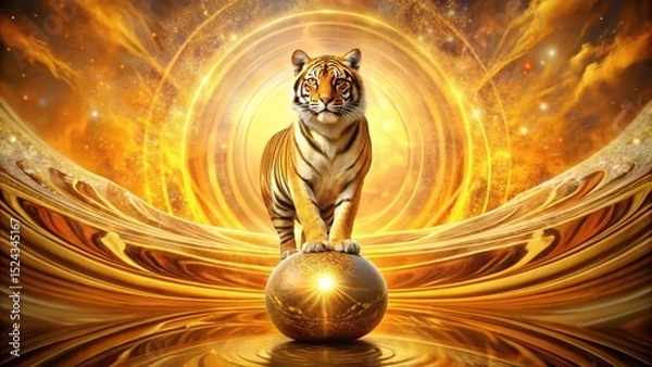 Fototapeta Majestic tiger king atop a glowing golden sphere in an abstract landscape