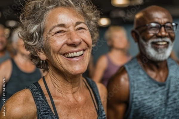Fototapeta Joyful seniors enjoying a fitness class, showcasing happiness and community spirit.