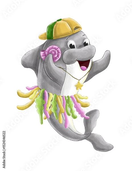 Fototapeta Funny smiling dolphin with seashell