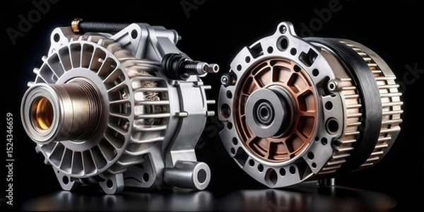 Fototapeta Generator parts such as motor, alternator and control unit on a black background