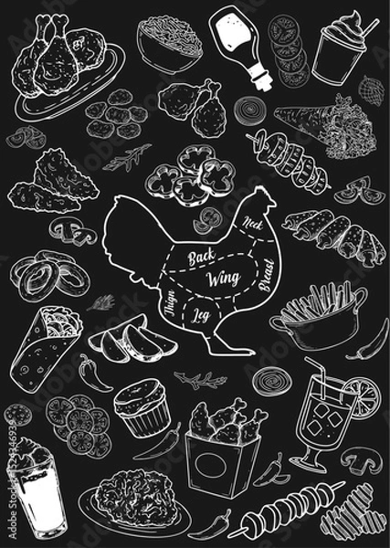 Fototapeta Hand-drawn food offers elegance and simplicity in chalkboard menu design. Vector illustration suitable for restaurant menus.