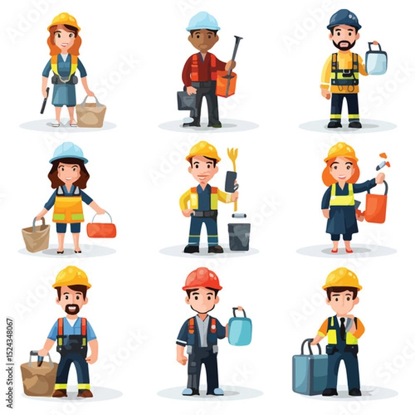 Fototapeta Collection of Geometric Workers Cartoons Vector Illustrations for Projects