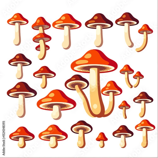 Fototapeta Illustration of Various Mushrooms - Red and Brown Toadstools - Edible and Poisonous Fungi Art - Forest Floor Delights - Botanical Mushroom Collection - Wild Mushroom Varieties