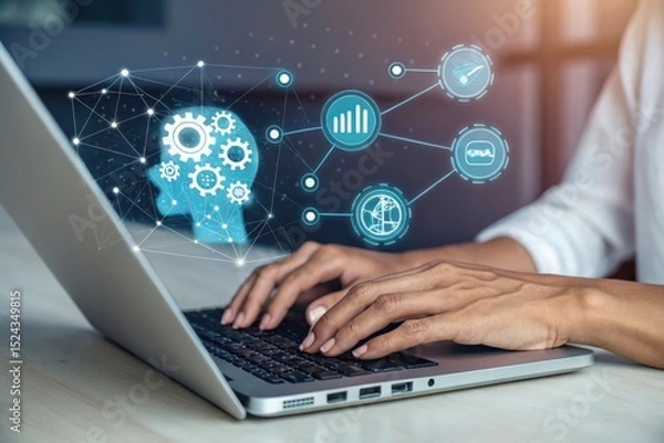 Fototapeta Hands typing on laptop with digital brain and data icons