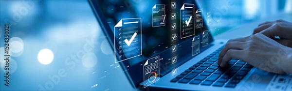 Fototapeta Document management concept, check electronic documents on digital documents on virtual screen Document Management System and process automation to efficiently document paperless operate