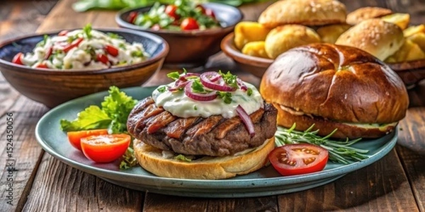 Fototapeta Closeup of Serbian pljeskavica served with Balkan style side dishes
