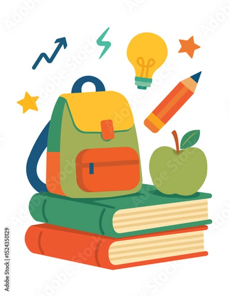 Fototapeta Vector illustration of a colorful school backpack, books, apple, pencil, and education symbols. Ideal for learning materials, educational websites, and print design.