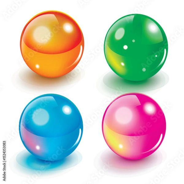 Fototapeta Glass ball sphere color vector realistic set graphic 3d illustration, red yellow round shiny glossy magic crystal, light glow circle game orb green blue purple orange, transparent drop button image