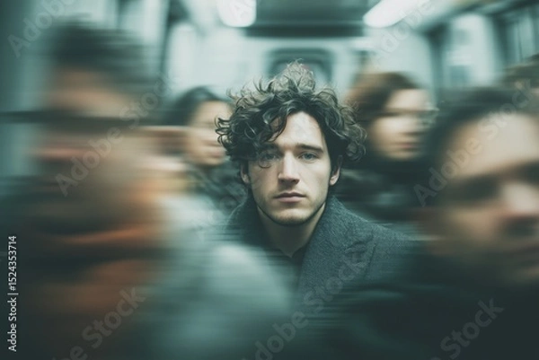 Fototapeta A young white man with curly hair stares ahead amid a crowd on a subway, with surrounding people blurred in motion. This image evokes themes of focus, individuality, and urban disconnection.
