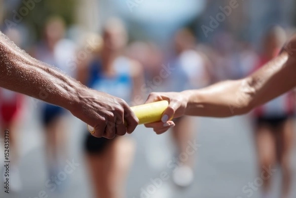 Fototapeta A close-up of two athletes passing a yellow baton during a relay race, captured mid-hand-off with a blurred background of competitors. 