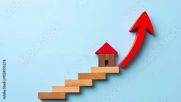 Fototapeta House on wooden stairs and red arrow rising upward