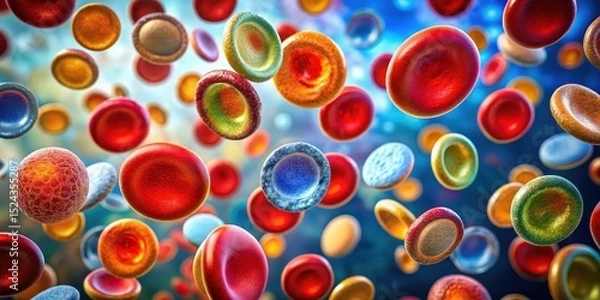 Fototapeta Colorful erythrocytes with distinctive shapes and sizes under microscope, showcasing various levels of fragmentation , microscopy, microorganisms