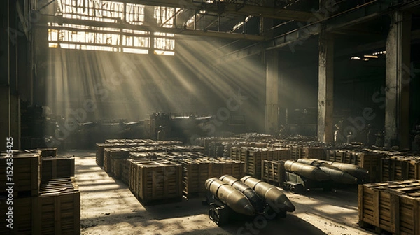 Obraz Sunlit warehouse with crates and military equipment under beams of light