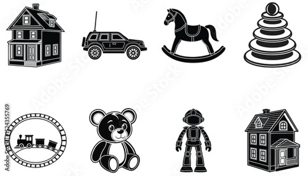 Obraz Children’s Toy Collection in Simple Black Silhouette Style