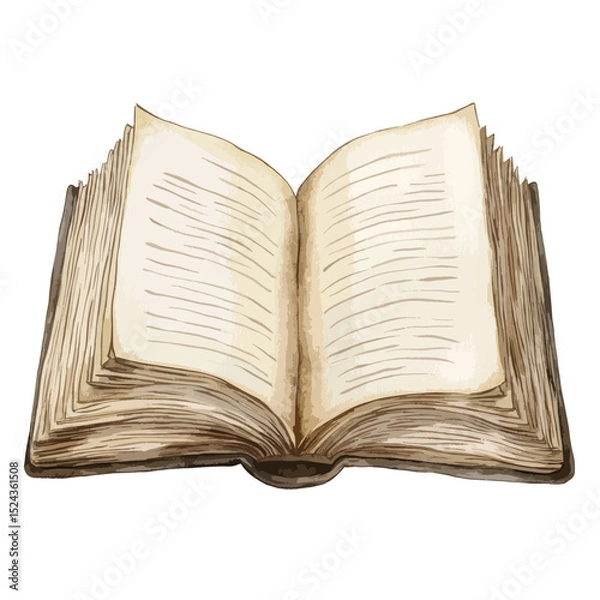 Fototapeta Watercolor Illustration of an Open Book with Aged Pages and Detailed Binding