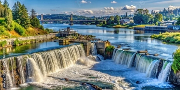 Fototapeta Waterfall scenery at confluence of Snohomish River and Port Gardner Puget Sound