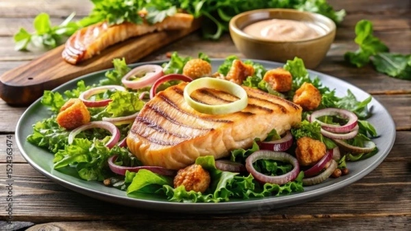 Fototapeta Grilled salmon on a bed of fresh mixed greens with crispy onion rings and a side of tangy sauce , grilled salmon, savory dish