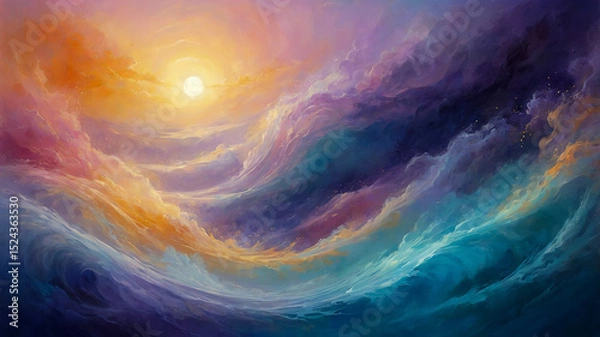 Fototapeta Fantasy sky painting with waves of light and color.
