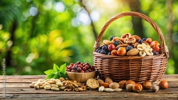 Fototapeta A basket filled with assorted nuts and dried fruits on a wooden table, surrounded by greenery , food, fall decor , food