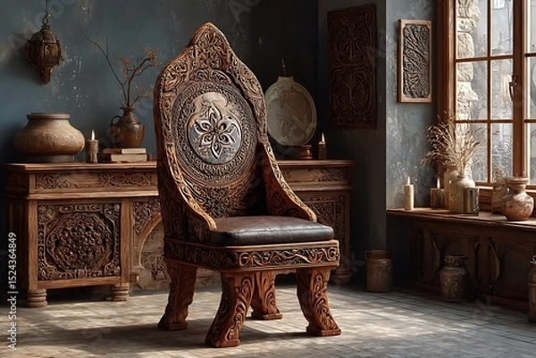 Fototapeta Antique wooden chair with Norse patterns high resolution image