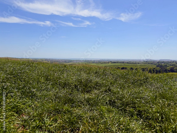 Fototapeta Expansive rural view near Dalton-in-Furness, showing farmland and rolling hills under a clear sky.