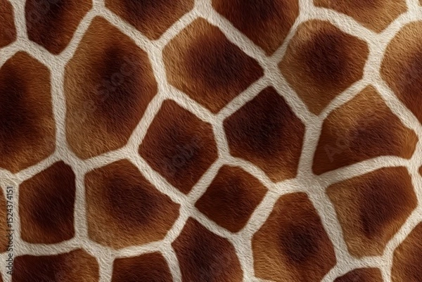Fototapeta A close-up view of giraffe fur pattern showing distinctive brown patches bordered by light lines. This texture image is ideal for backgrounds, textiles, or animal-themed designs.