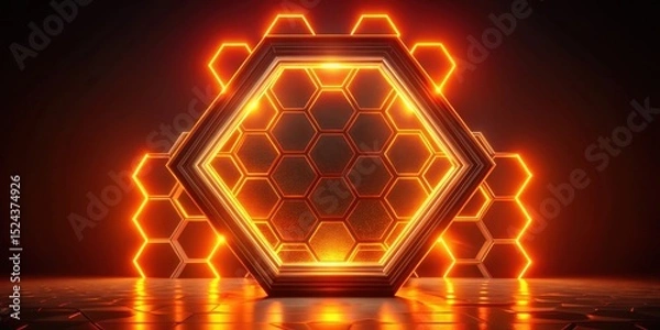 Fototapeta Geometric shape illumination, glowing orange light, hexagonal patterns, abstract shapes, vibrant colors, orange, glow