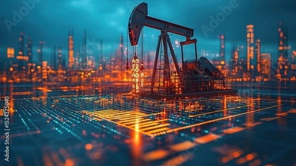 Fototapeta Oil pump jacks and financial chart hologram with rising arrows in double exposure concept of energy market growth and digital business trends, 8k Resolution