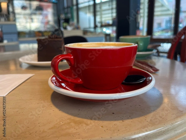 Obraz Cafe. Red cup of cappuccino on the table.