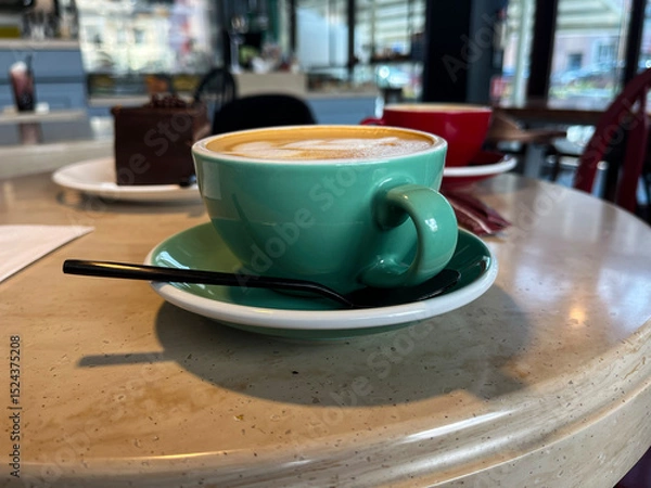 Obraz Cafe. Green cup of cappuccino on the table.