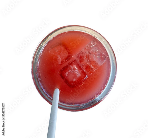 Obraz Red berry cocktail with ice cubes on white background.