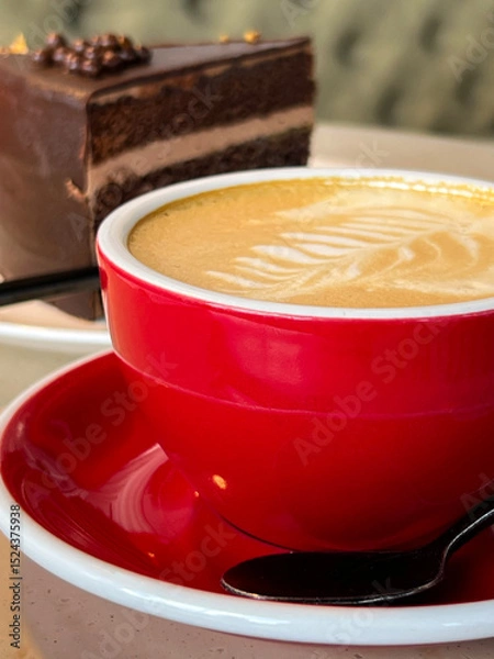 Obraz Red cup of cappuccino and chocolate cake. Enjoy your meal!