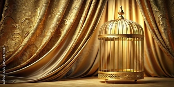 Fototapeta An ornate, gold-plated cage with intricate patterns and shapes, partially obscured by a sheer curtain or veil, conveying a sense of restraint and exclusivity , veil, gold plating