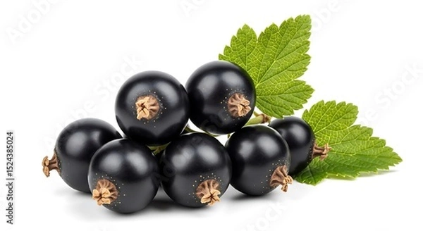 Obraz Freshly picked blackcurrants with vibrant green leaves against a clean white backdrop.