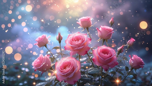 Fototapeta Dreamy Pink Roses with Dewdrops and Magical Sparkling Bokeh