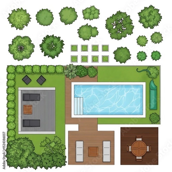 Obraz Overhead view of a modern backyard landscape design with pool and patio